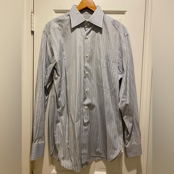ERMENEGILDO ZEGNA Men’s Luxurious Button Down Blue White Brown Striped Shirt L - Picture 4 of 7